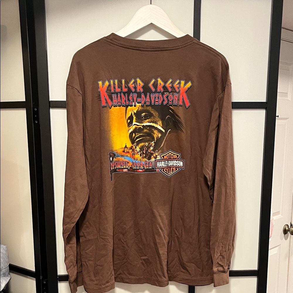 Harley-Davidson Biker Killer Creek Roswell, Georgia Brown Tee Size XL L/S